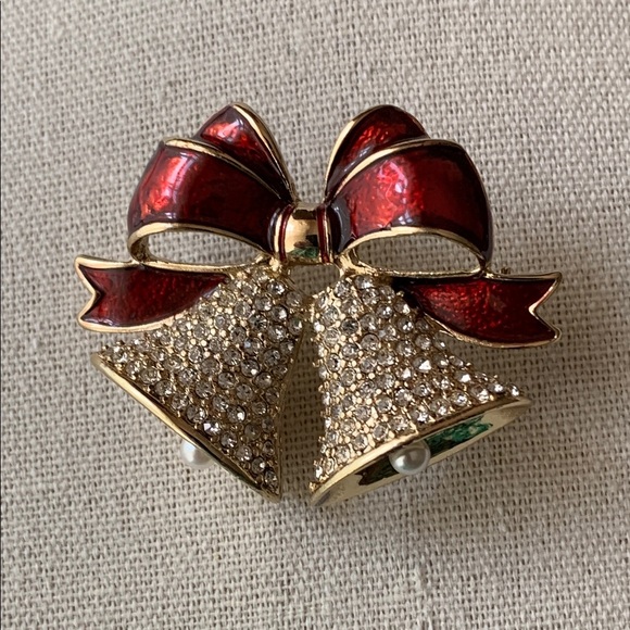 Dana Buchman   Red and Gold Christmas Bell Brooch - Picture 1 of 5